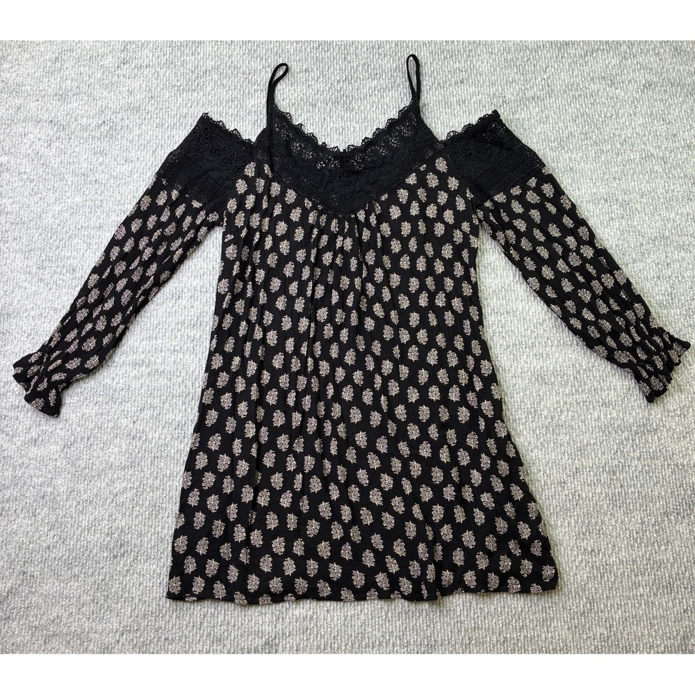 American Rag Cie Womens Black Floral Lace Cold Shoulder Boho Mini Dress Sz.S/M